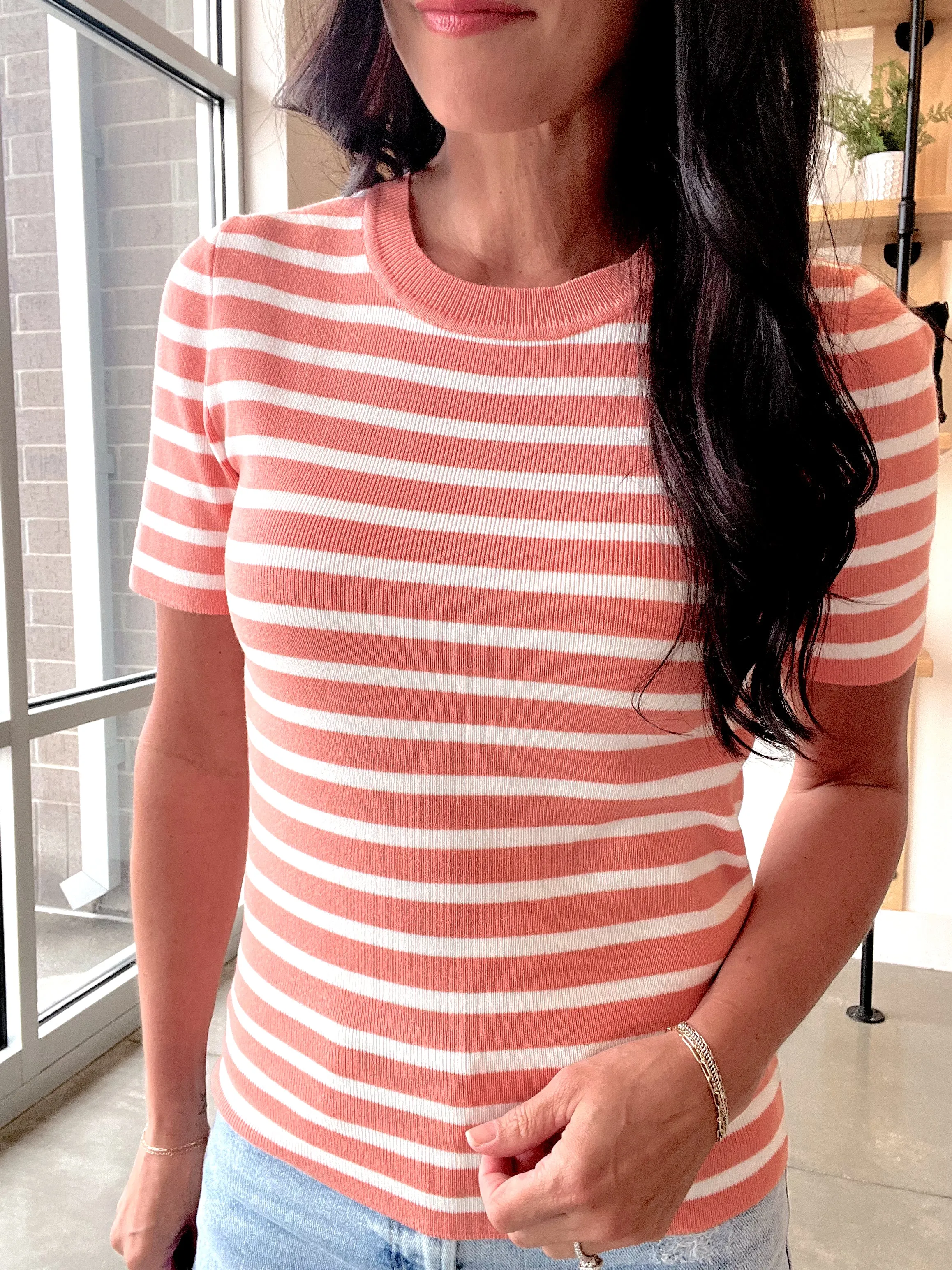 Striped Crewneck Short Sleeve Sweater in Peach