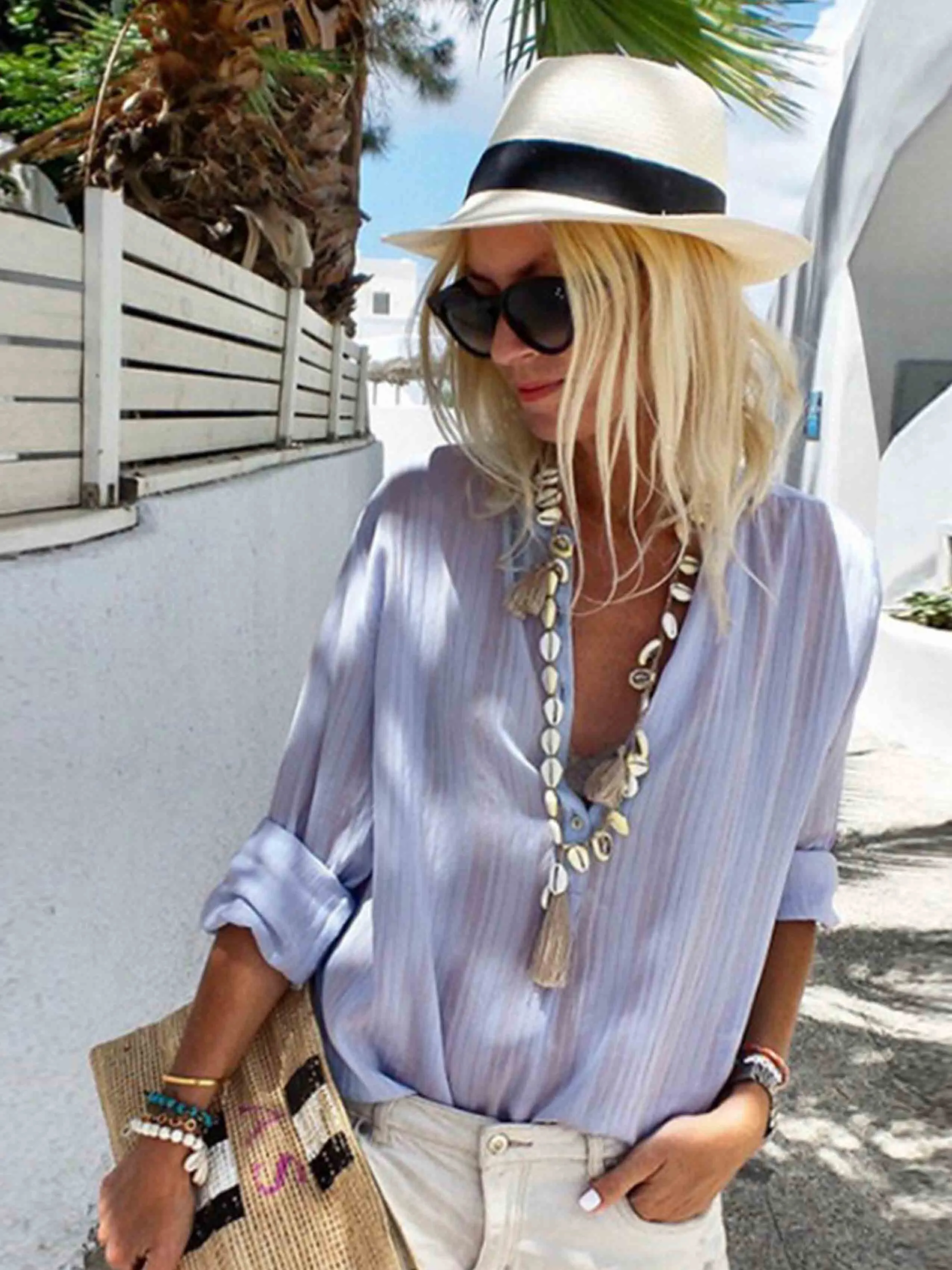 Stunncal Casual V Neck Button Blouse Tops