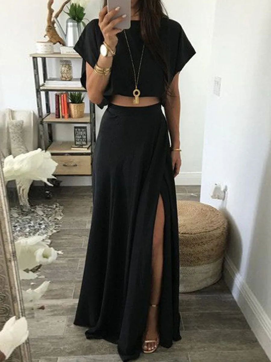Stunncal Fashion Casual Solid Split Joint O Neck Short Sleeve Two Pieces