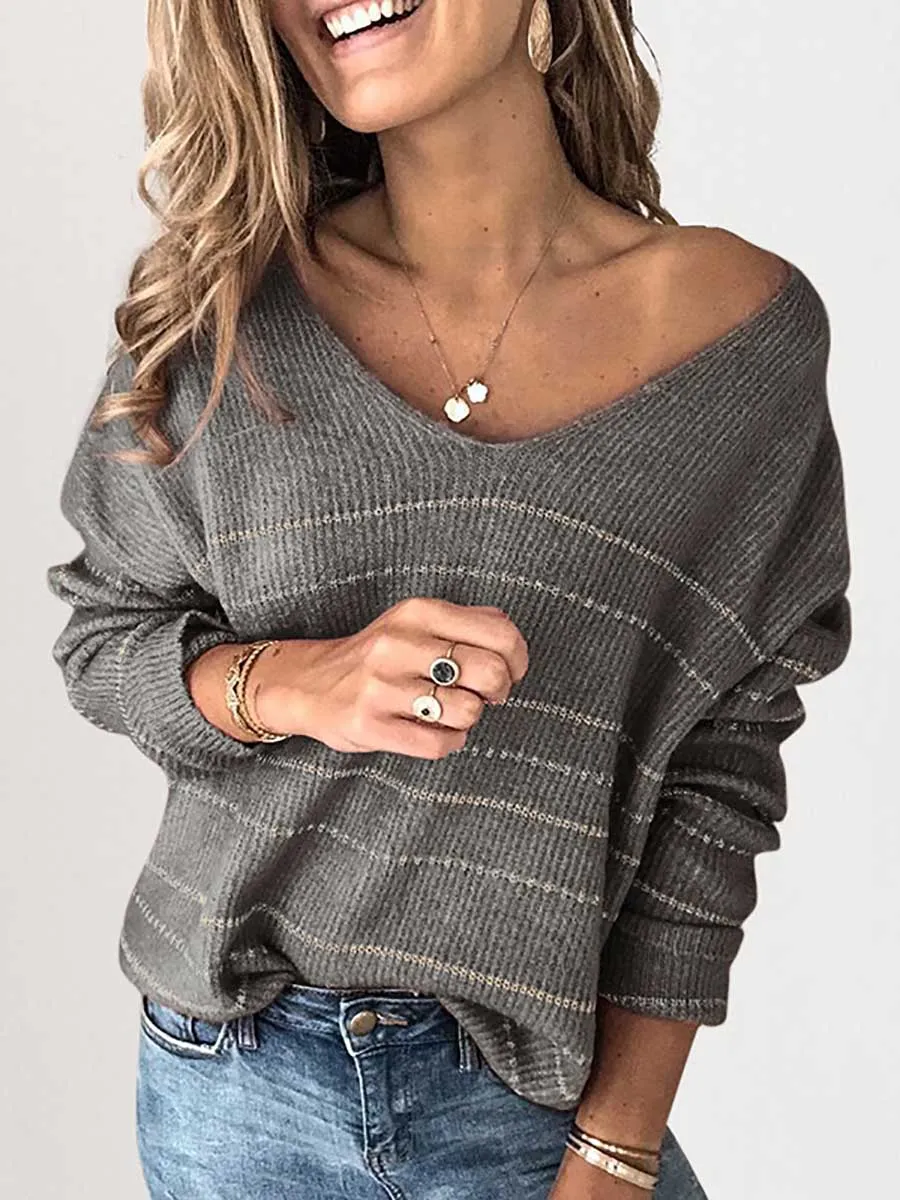 Stunncal Solid Color Knit Sweater Casual Striped V-Neck Top