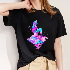 Style C： Watercolor Princess Women Black T-Shirt