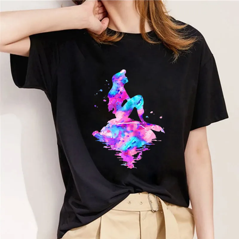 Style C： Watercolor Princess Women Black T-Shirt