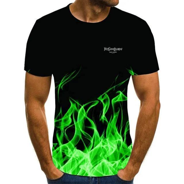 Summer 3D flame hip hop men's T-shirt short sleeve T-shirt fashion brand printed pattern high quality men's T-shirt