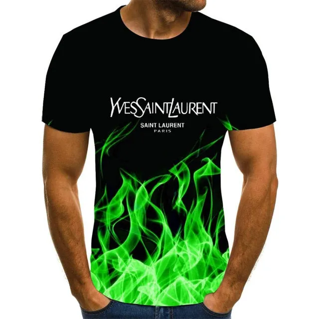 Summer 3D flame hip hop men's T-shirt short sleeve T-shirt fashion brand printed pattern high quality men's T-shirt