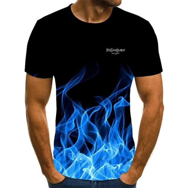 Summer 3D flame hip hop men's T-shirt short sleeve T-shirt fashion brand printed pattern high quality men's T-shirt