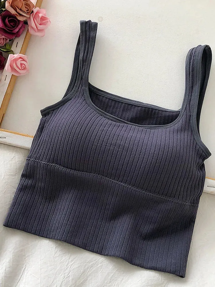 Summer Crop Top Women Seamless Square Collar Wide Straps Tank Top Knitted Striped Camisole Solid Corset Top Female
