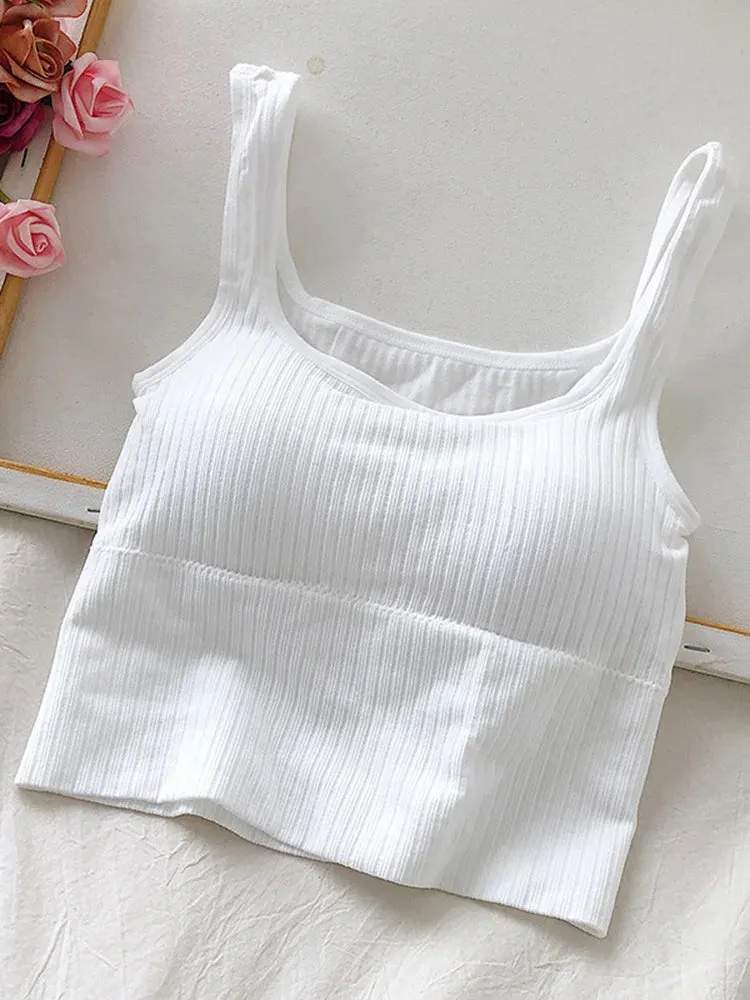 Summer Crop Top Women Seamless Square Collar Wide Straps Tank Top Knitted Striped Camisole Solid Corset Top Female