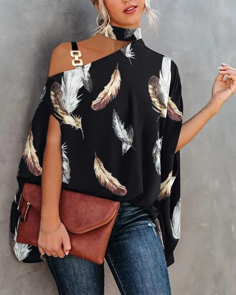 summer hanging neck bat sleeve printed shirt women's shirt 2023 women'sindependent station wish explosive