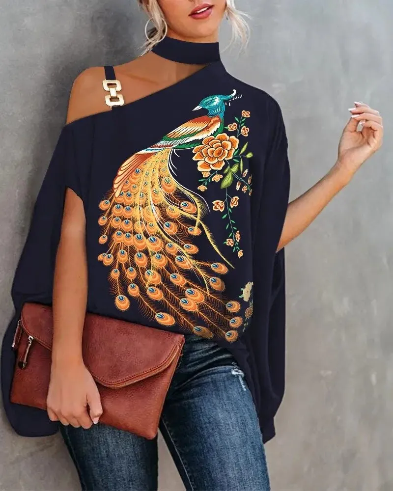 summer hanging neck bat sleeve printed shirt women's shirt 2023 women'sindependent station wish explosive