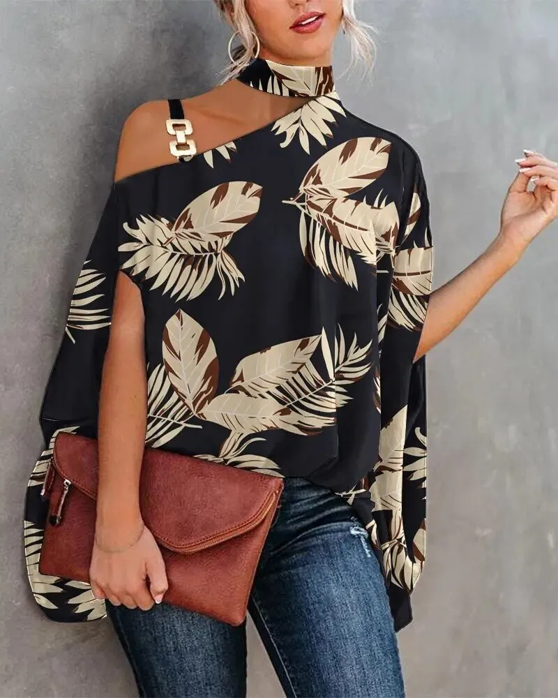 summer hanging neck bat sleeve printed shirt women's shirt 2023 women'sindependent station wish explosive