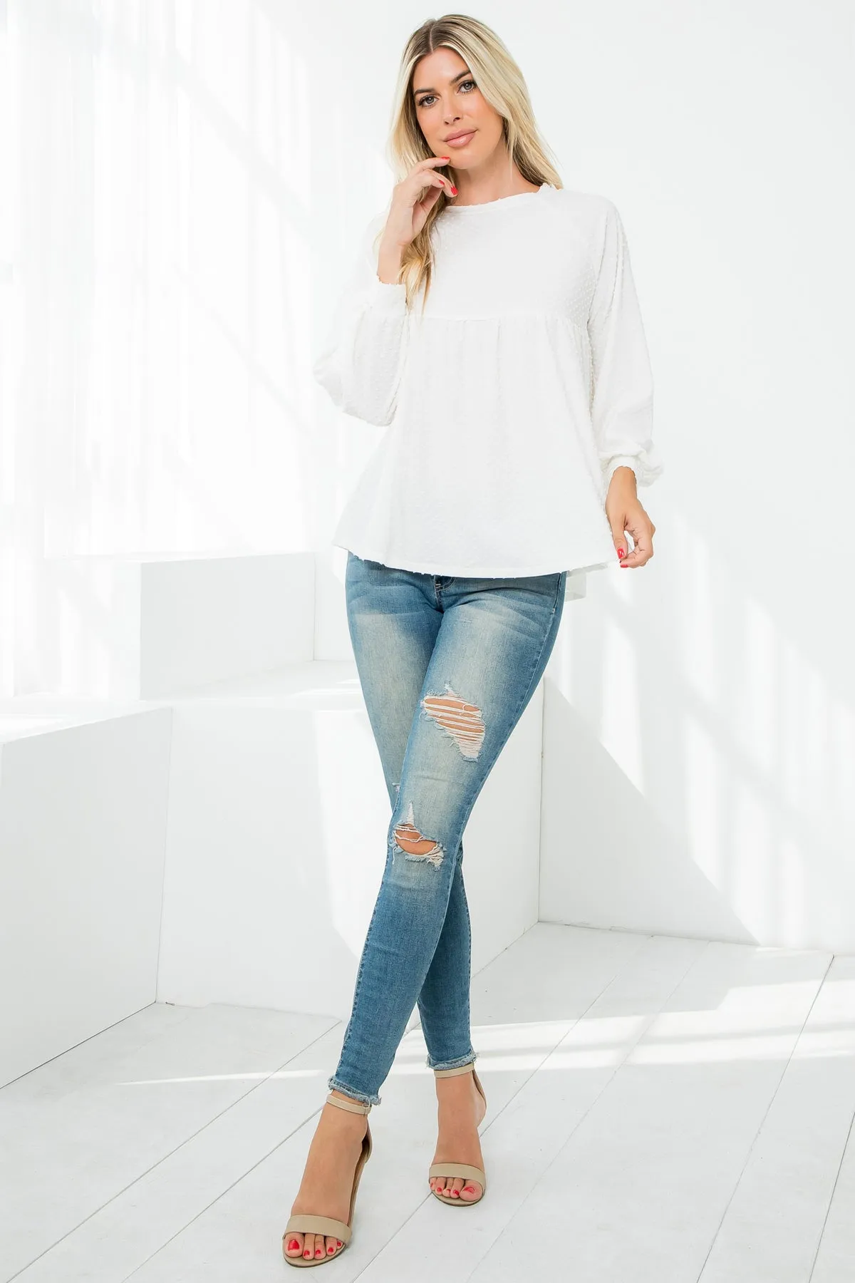 Swiss Dot Long Sleeve Round Neck Top