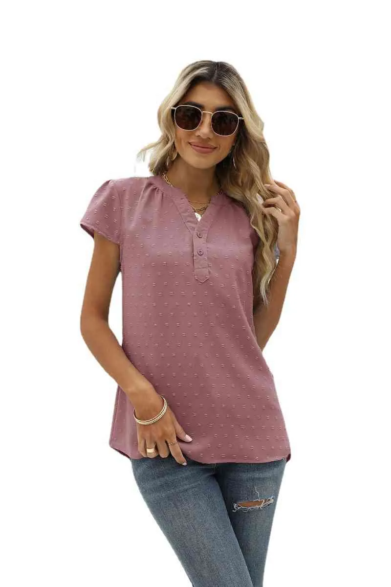 Swiss Dot Notched Neck Short Sleeve Top (9 Colors)