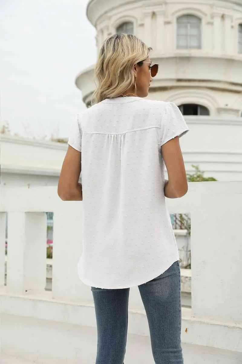 Swiss Dot Notched Neck Short Sleeve Top (9 Colors)