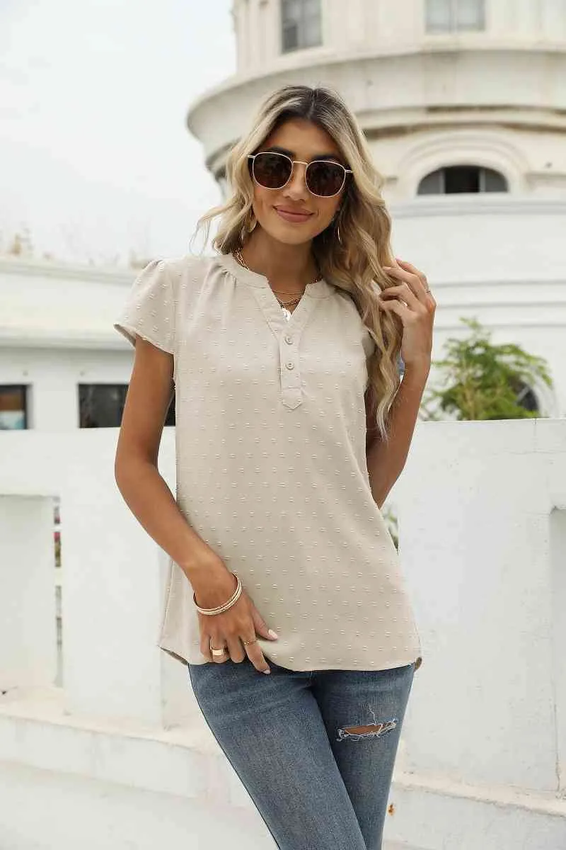 Swiss Dot Notched Neck Short Sleeve Top (9 Colors)