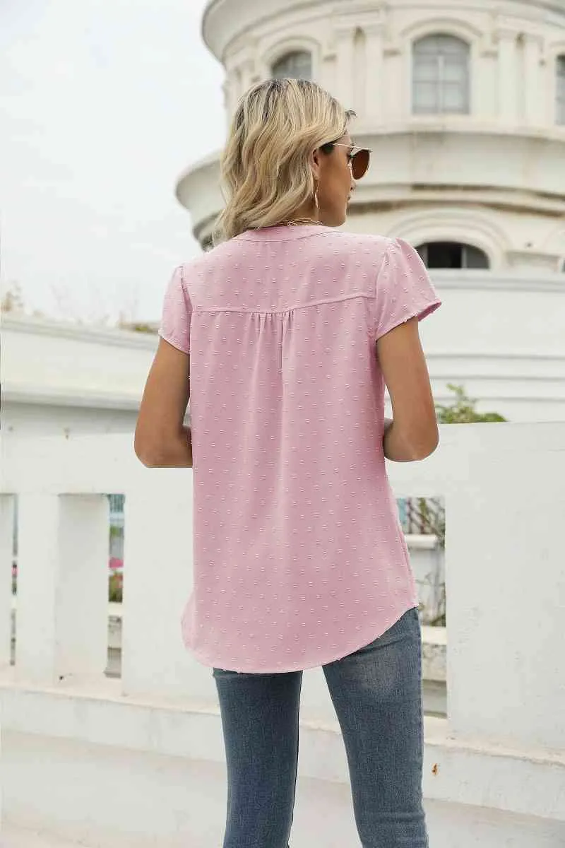Swiss Dot Notched Neck Short Sleeve Top (9 Colors)
