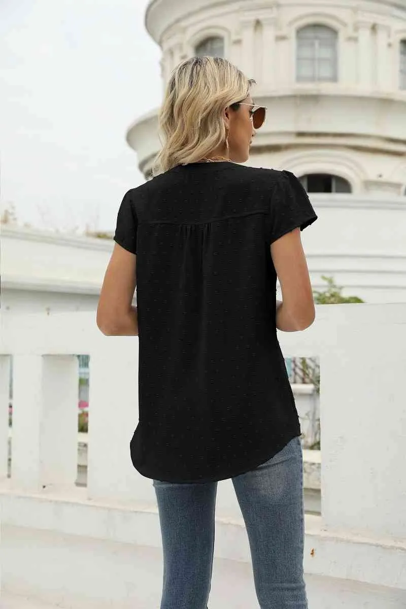 Swiss Dot Notched Neck Short Sleeve Top (9 Colors)