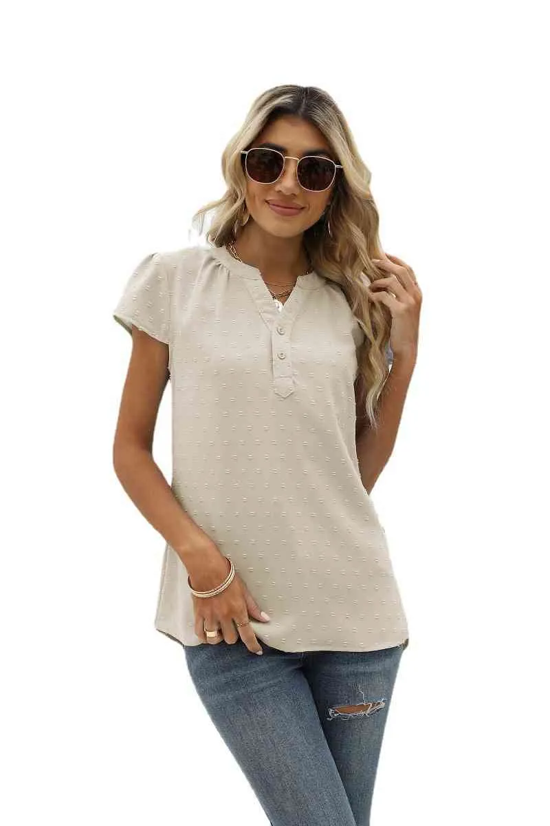 Swiss Dot Notched Neck Short Sleeve Top (9 Colors)