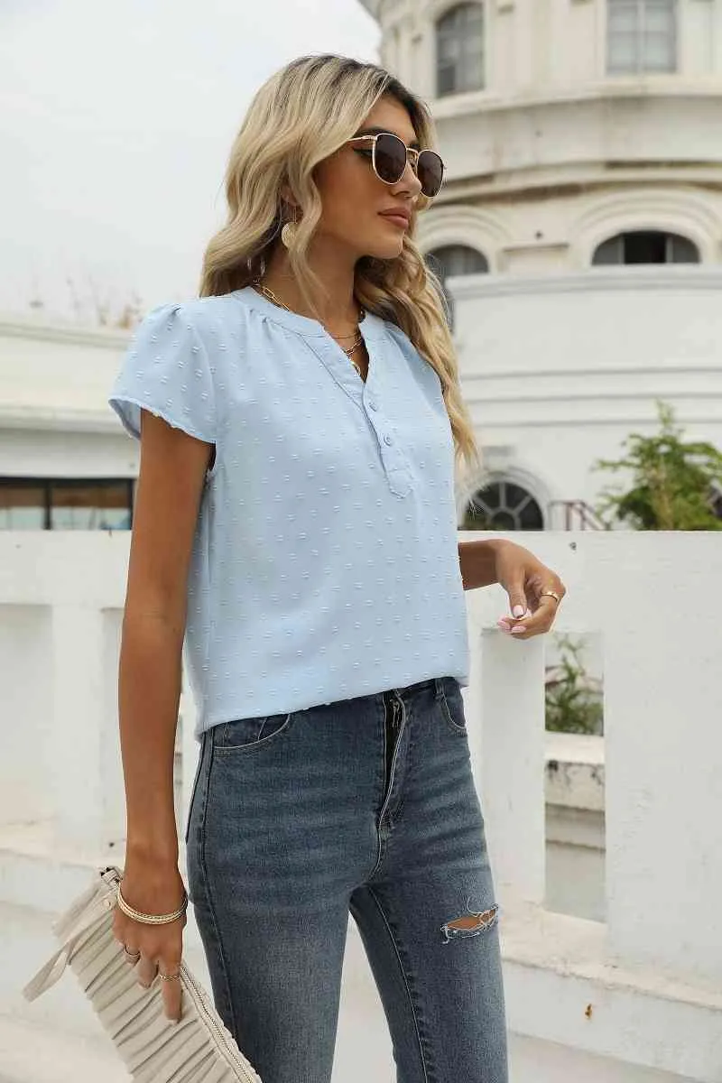 Swiss Dot Notched Neck Short Sleeve Top (9 Colors)