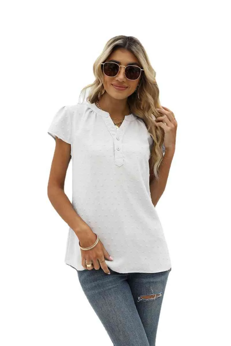 Swiss Dot Notched Neck Short Sleeve Top (9 Colors)