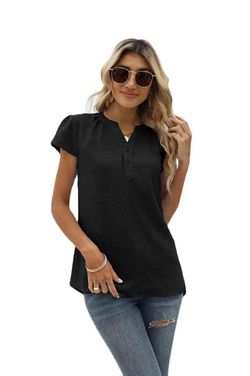 Swiss Dot Notched Neck Short Sleeve Top (9 Colors)
