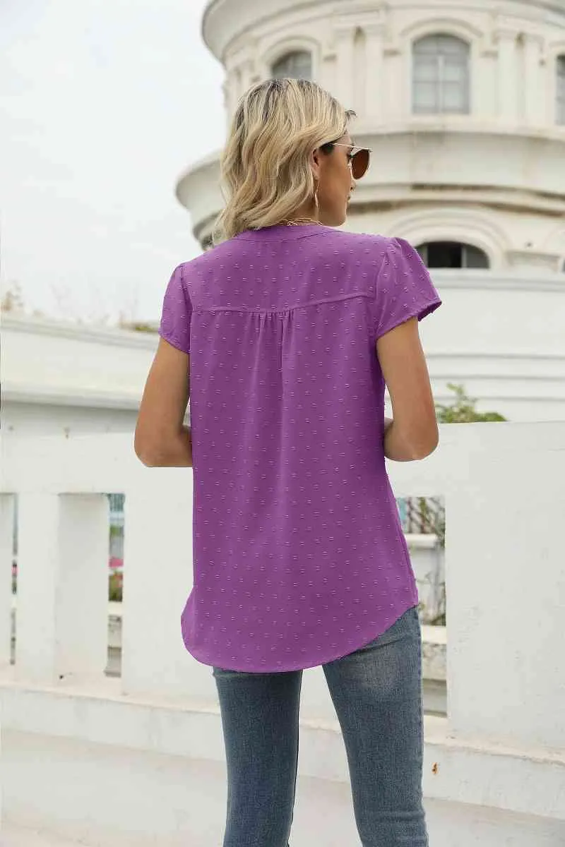 Swiss Dot Notched Neck Short Sleeve Top (9 Colors)