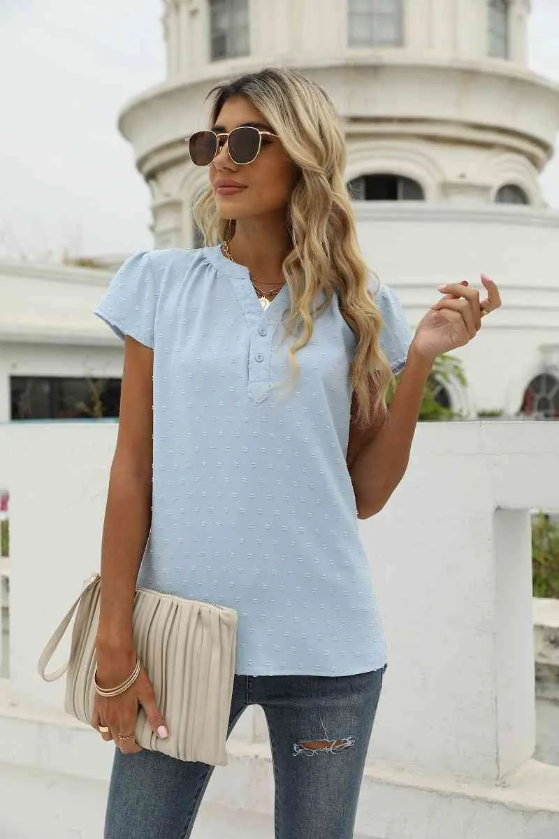Swiss Dot Notched Neck Short Sleeve Top (9 Colors)