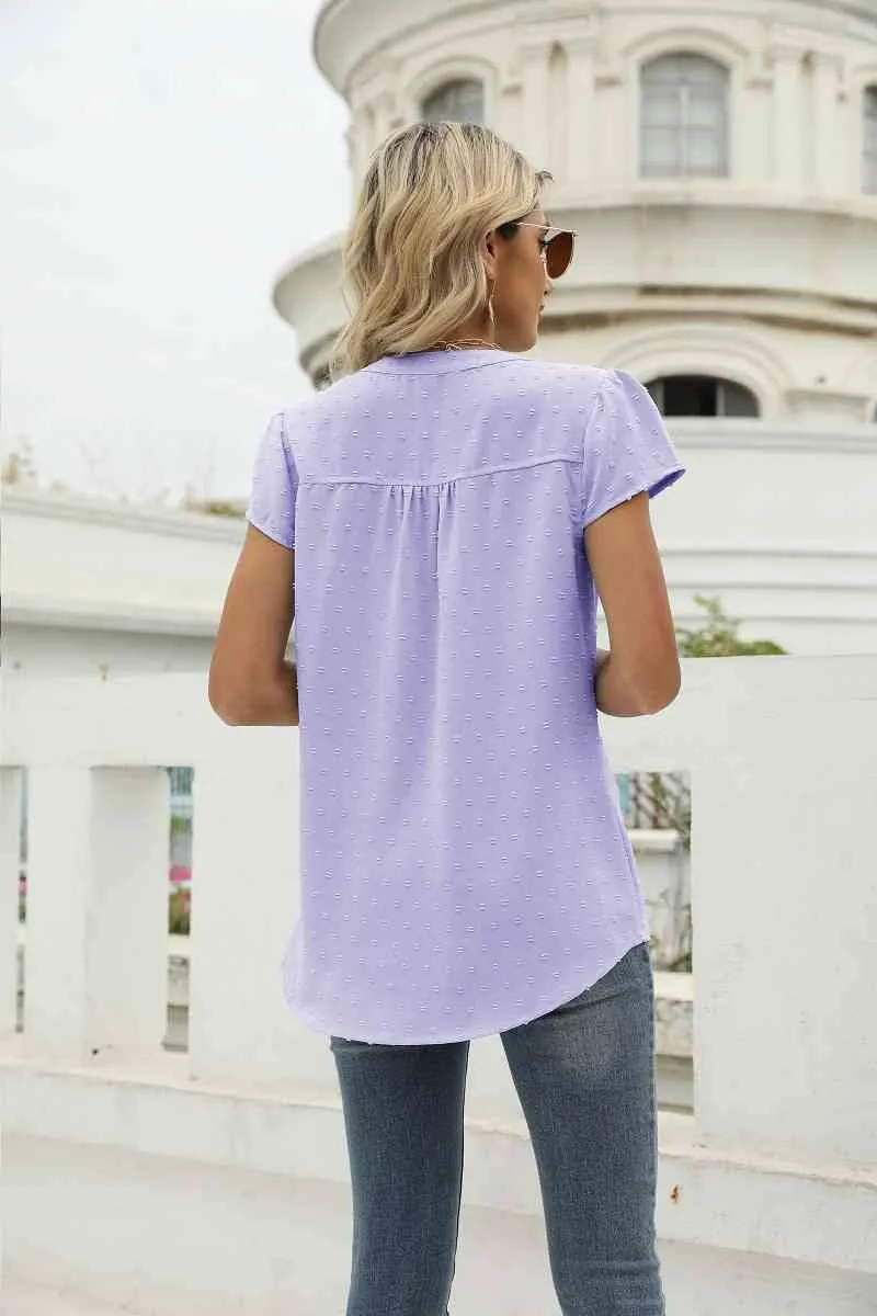 Swiss Dot Notched Neck Short Sleeve Top (9 Colors)