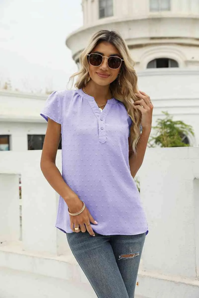 Swiss Dot Notched Neck Short Sleeve Top (9 Colors)