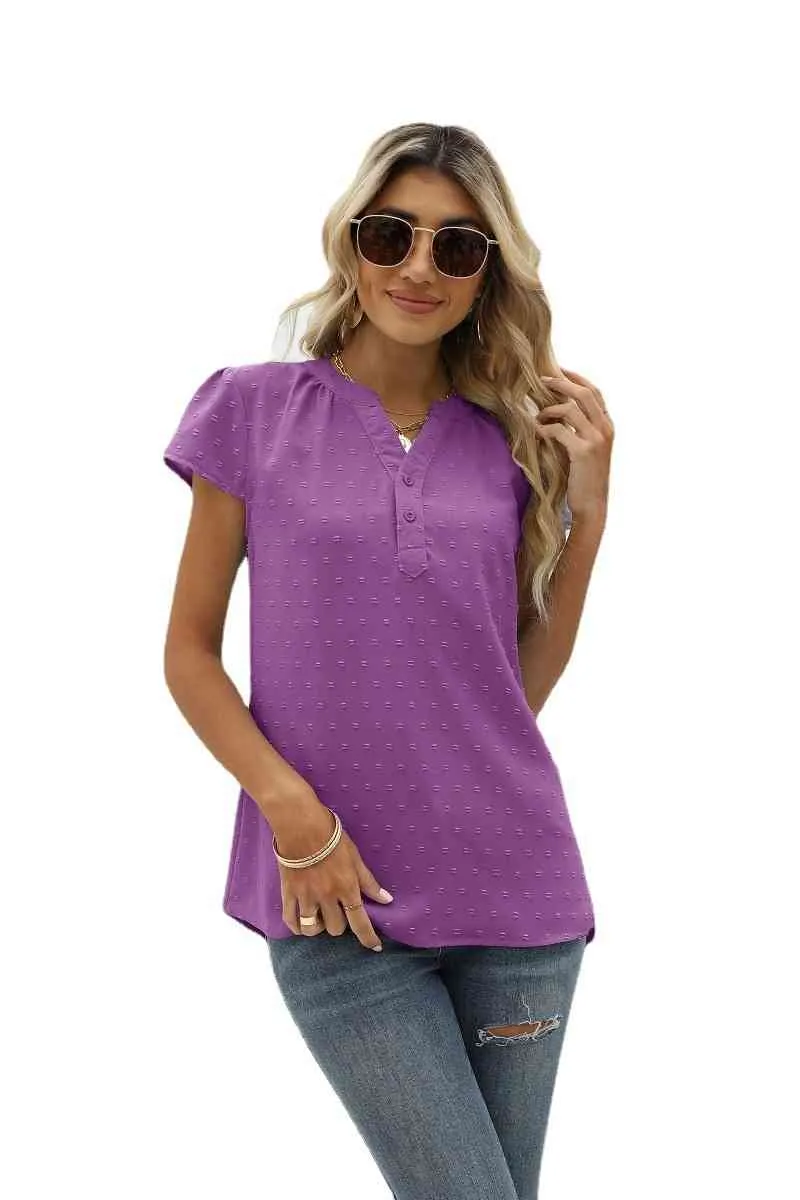 Swiss Dot Notched Neck Short Sleeve Top (9 Colors)