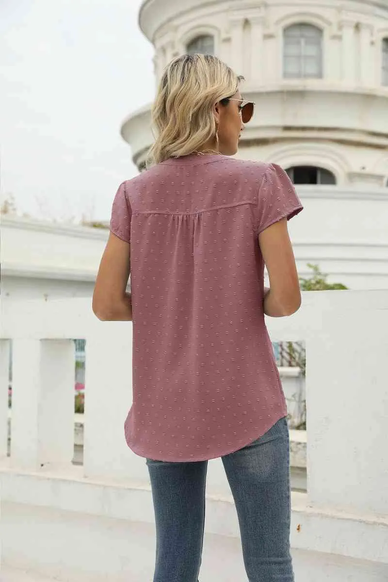 Swiss Dot Notched Neck Short Sleeve Top (9 Colors)