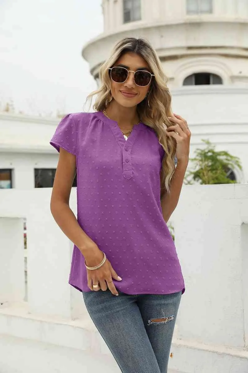 Swiss Dot Notched Neck Short Sleeve Top (9 Colors)