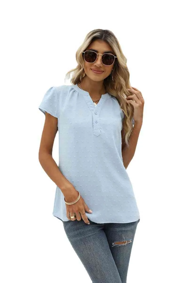 Swiss Dot Notched Neck Short Sleeve Top (9 Colors)