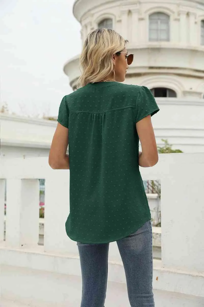 Swiss Dot Notched Neck Short Sleeve Top (9 Colors)