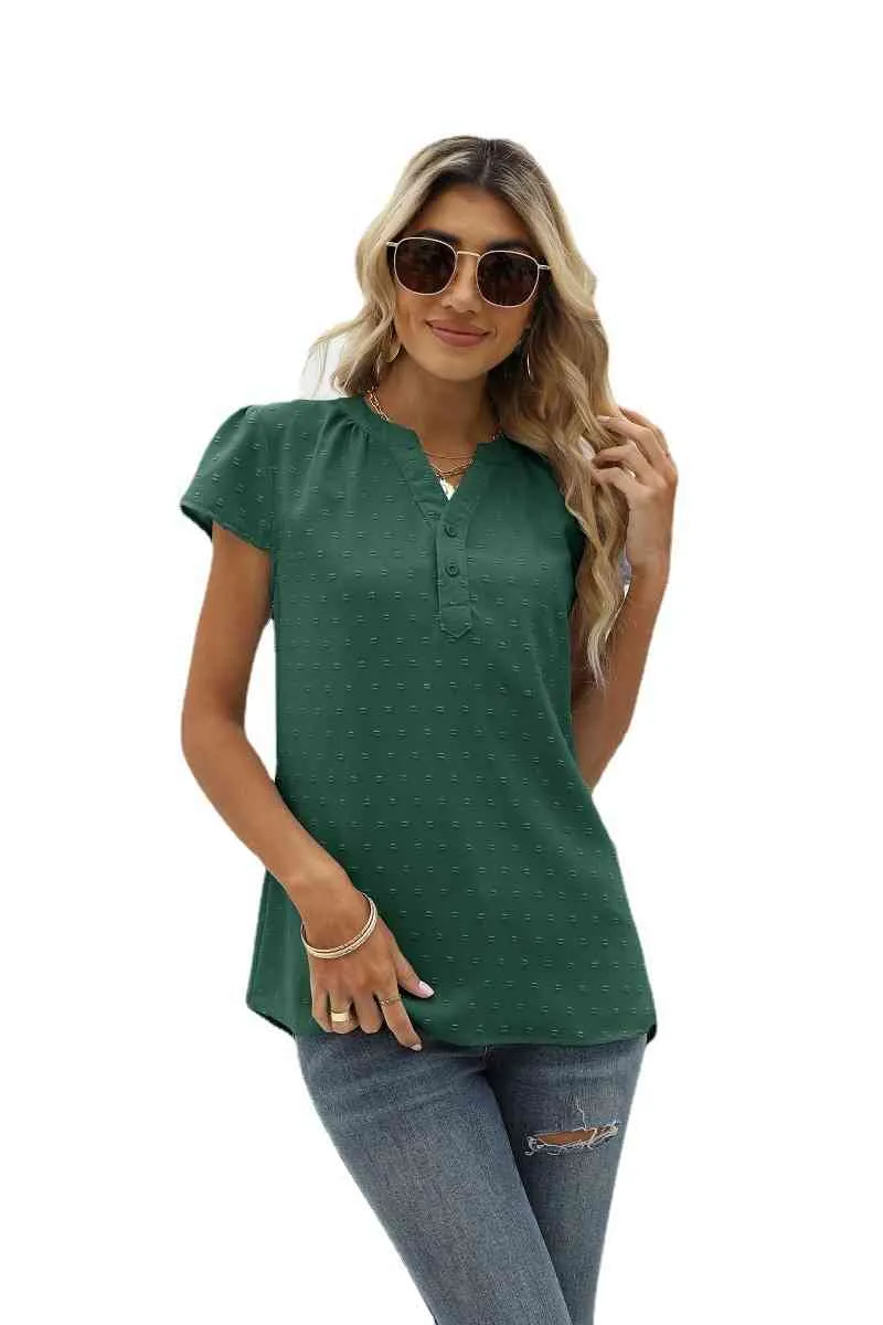 Swiss Dot Notched Neck Short Sleeve Top (9 Colors)