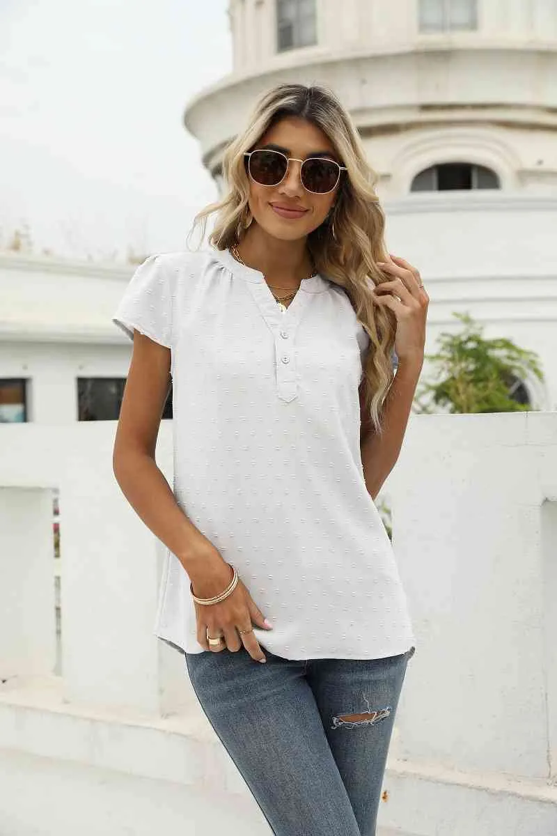 Swiss Dot Notched Neck Short Sleeve Top (9 Colors)