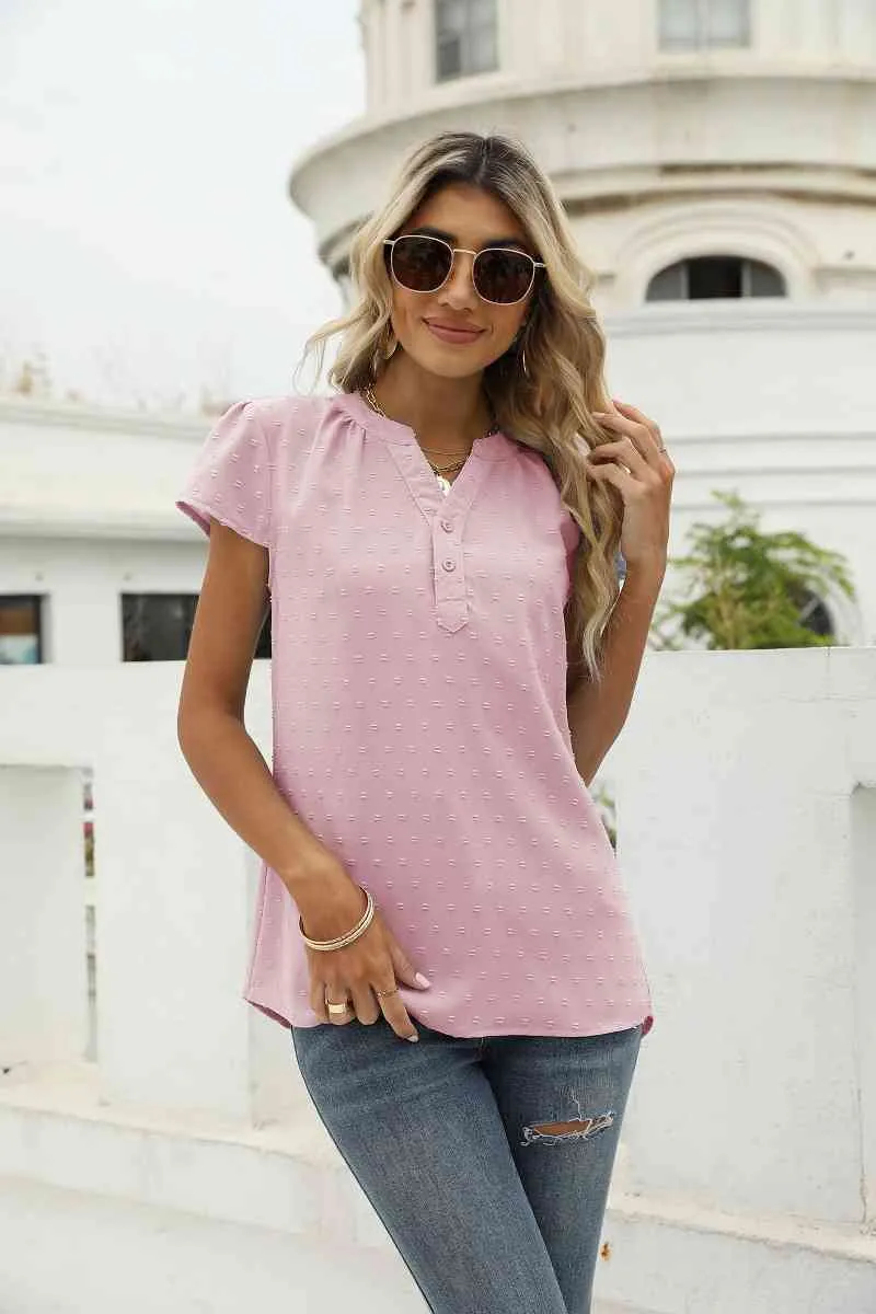 Swiss Dot Notched Neck Short Sleeve Top (9 Colors)
