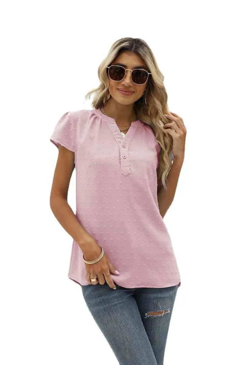 Swiss Dot Notched Neck Short Sleeve Top (9 Colors)