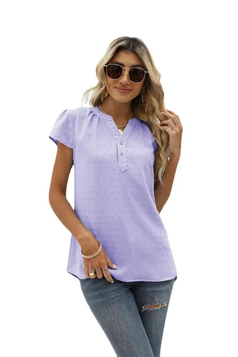 Swiss Dot Notched Neck Short Sleeve Top (9 Colors)