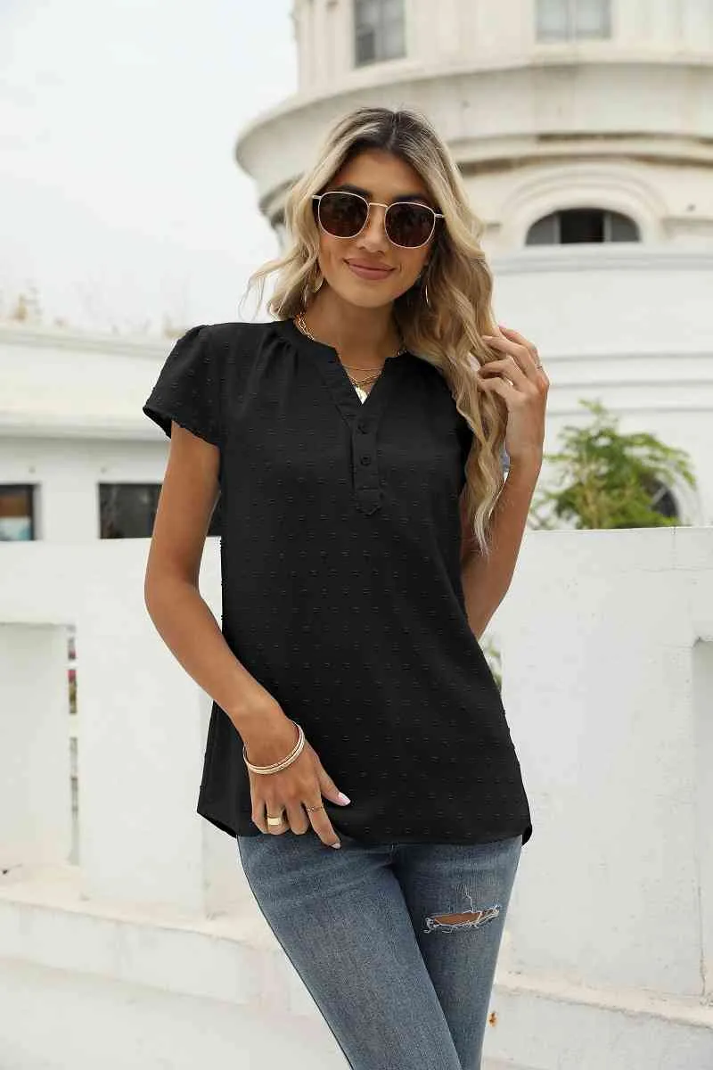 Swiss Dot Notched Neck Short Sleeve Top (9 Colors)