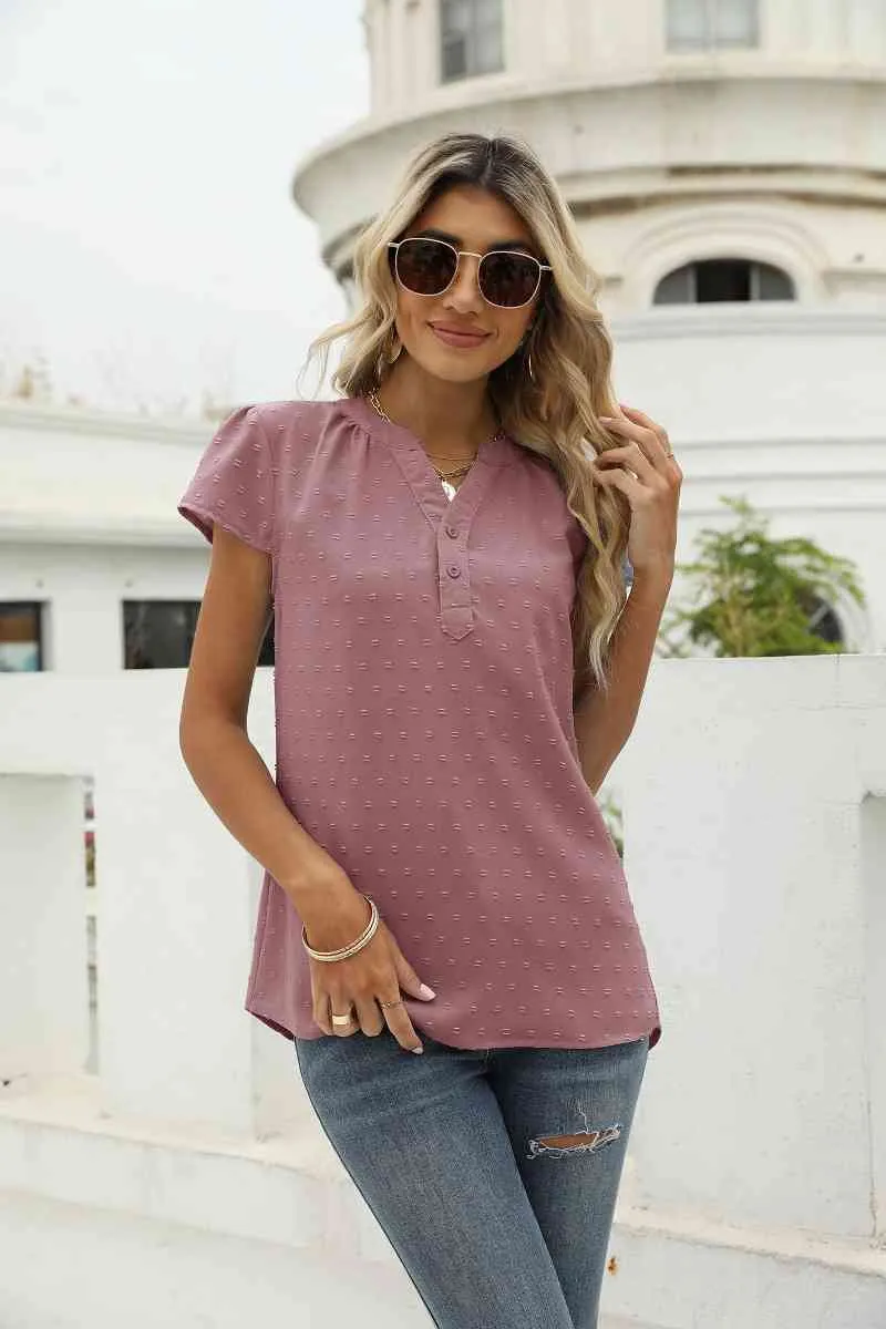 Swiss Dot Notched Neck Short Sleeve Top (9 Colors)