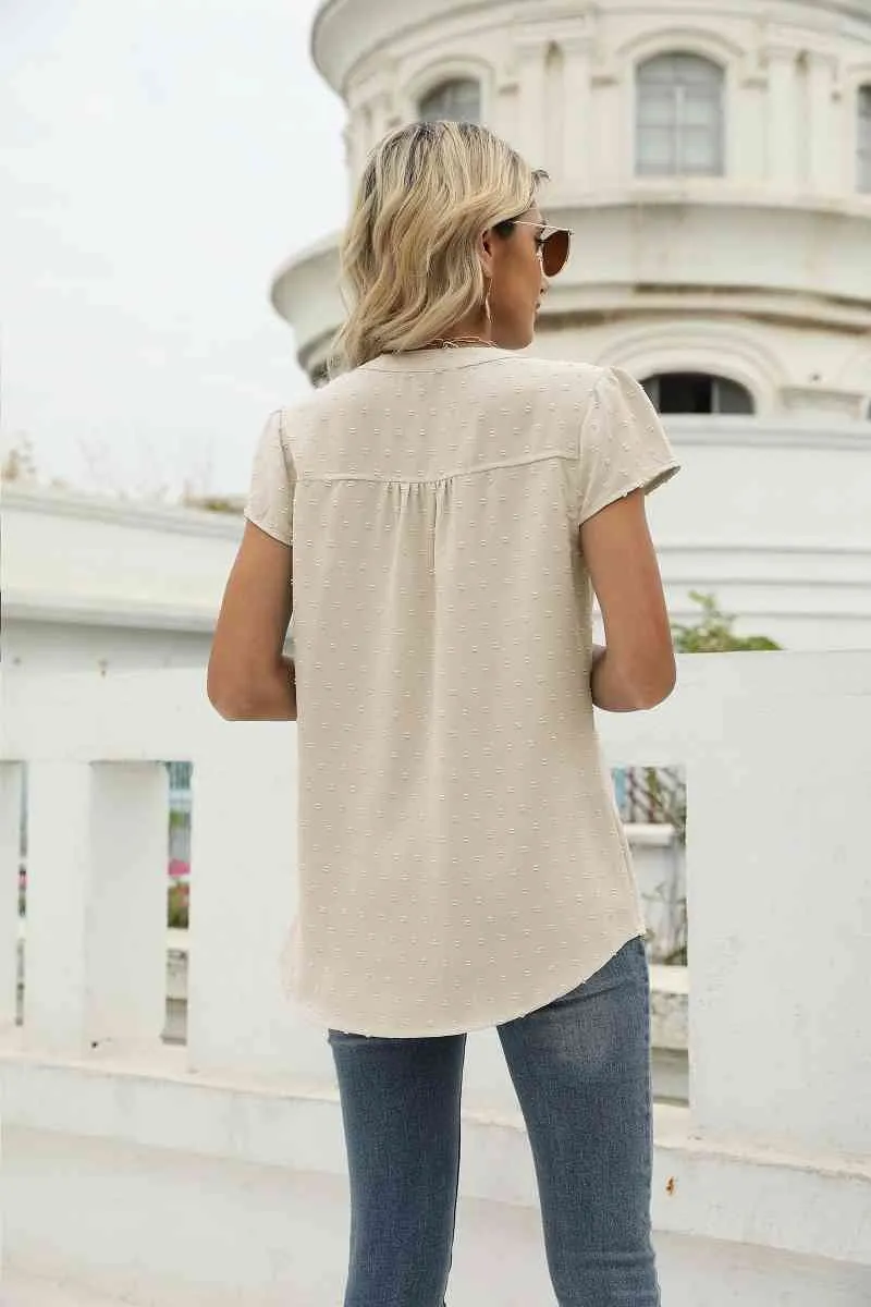 Swiss Dot Notched Neck Short Sleeve Top (9 Colors)