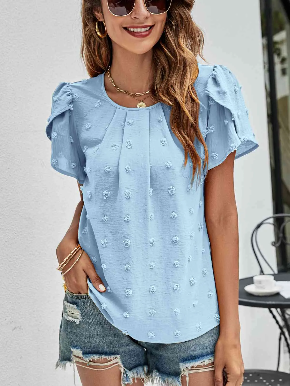 Swiss Dot Round Neck Petal Sleeve Top (10 Colors)