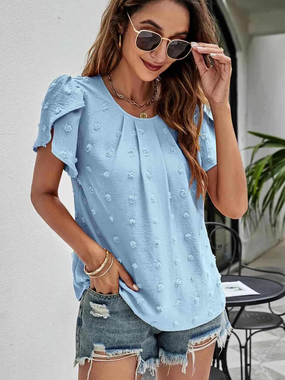 Swiss Dot Round Neck Petal Sleeve Top (10 Colors)