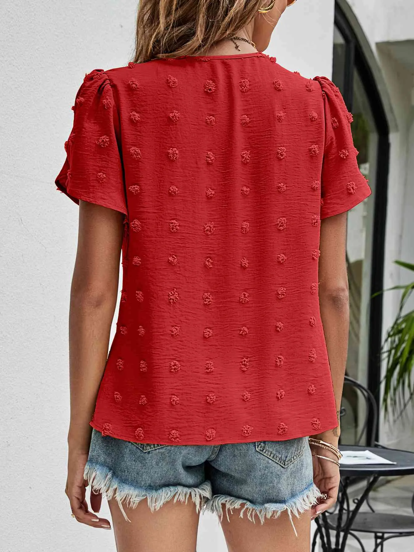 Swiss Dot Round Neck Petal Sleeve Top (10 Colors)