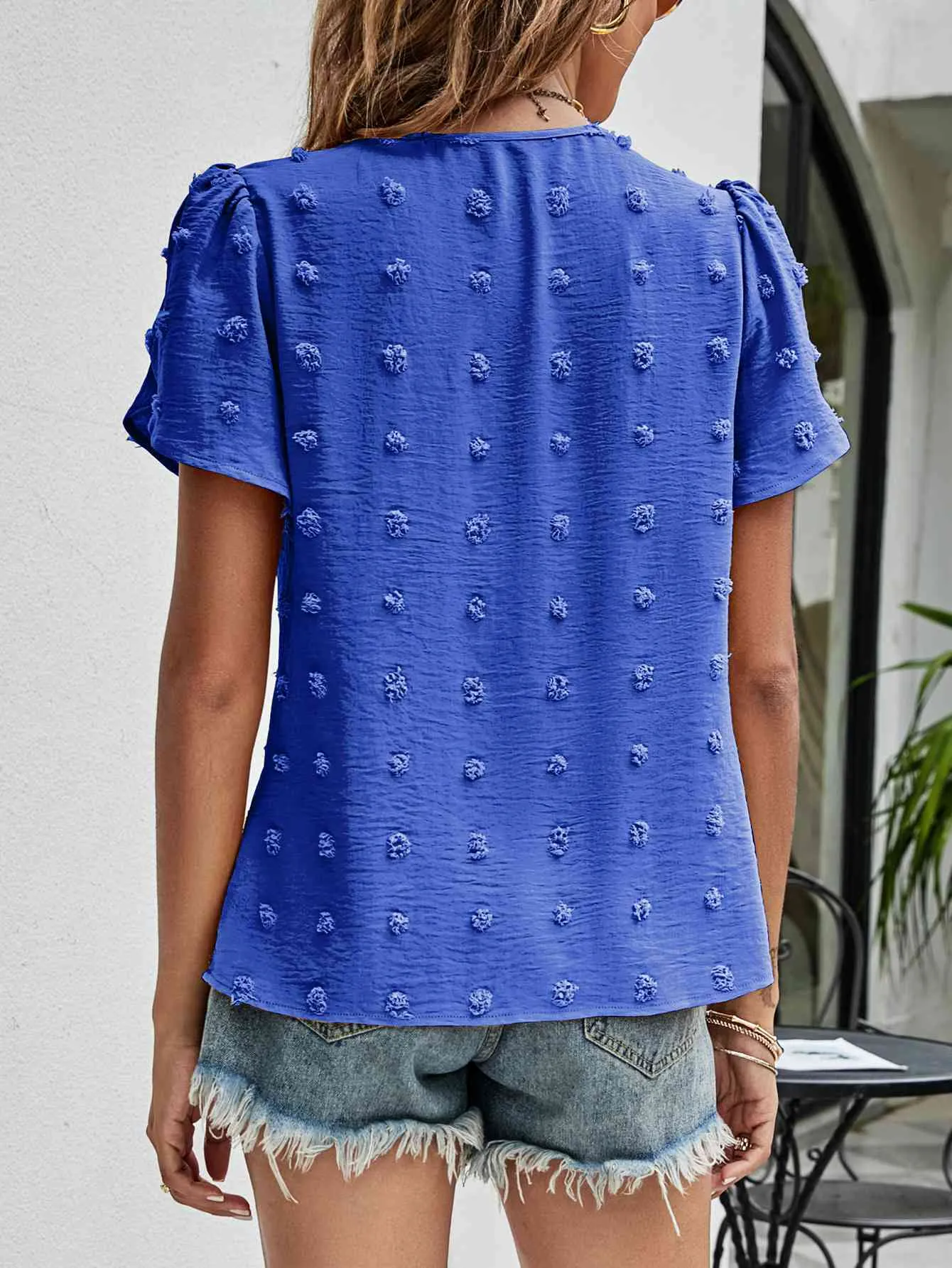 Swiss Dot Round Neck Petal Sleeve Top (10 Colors)