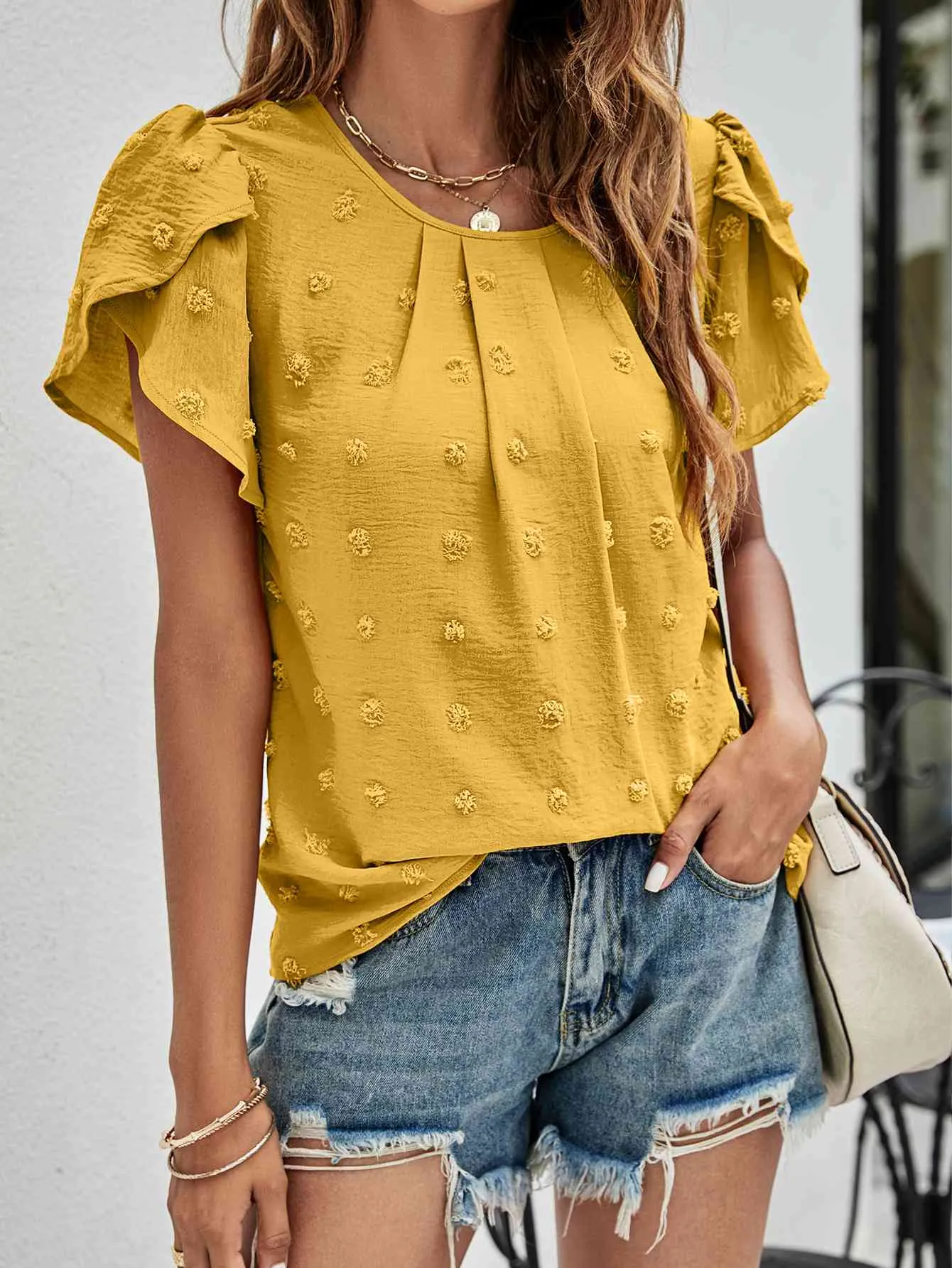 Swiss Dot Round Neck Petal Sleeve Top (10 Colors)