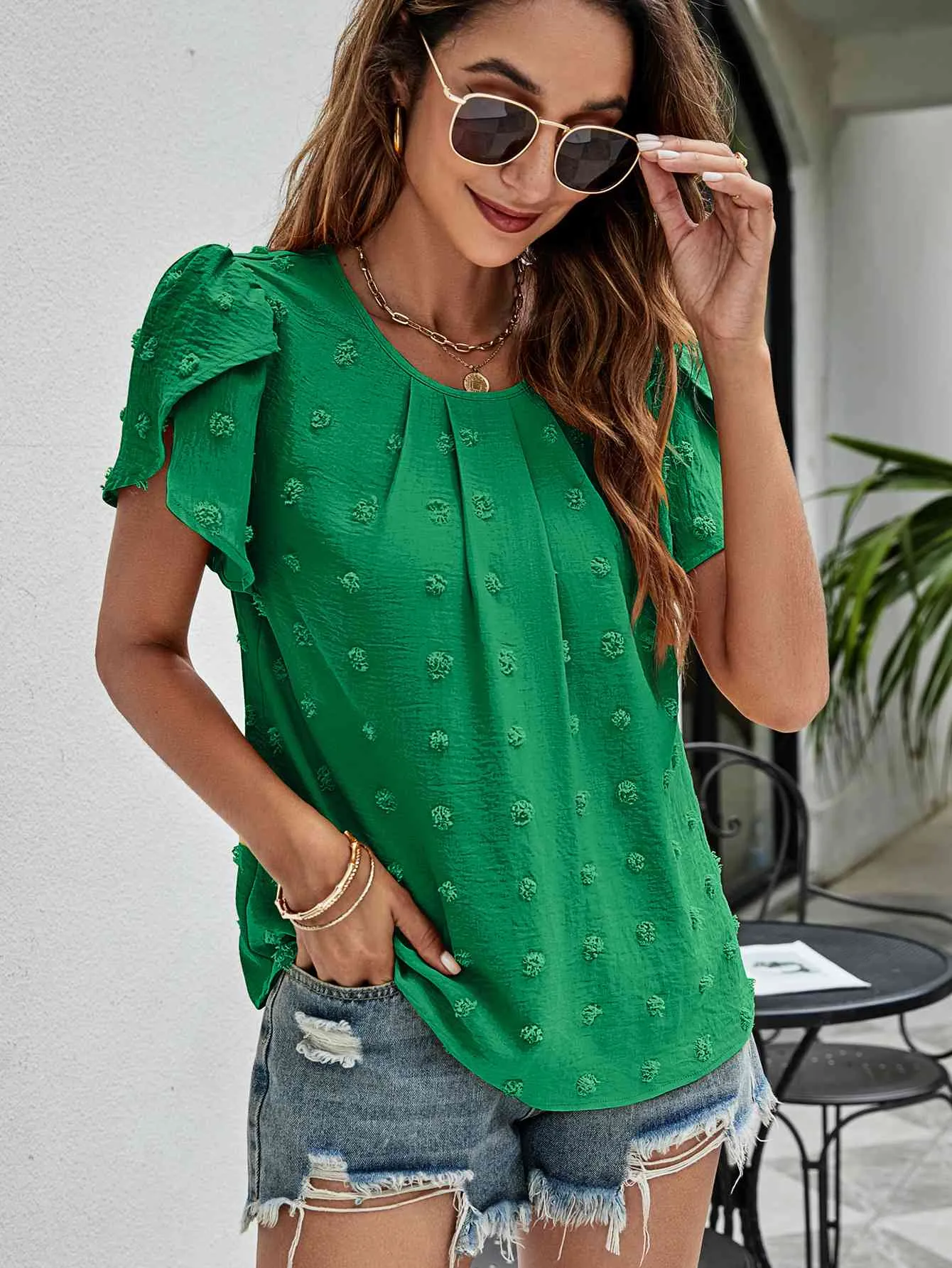 Swiss Dot Round Neck Petal Sleeve Top (10 Colors)