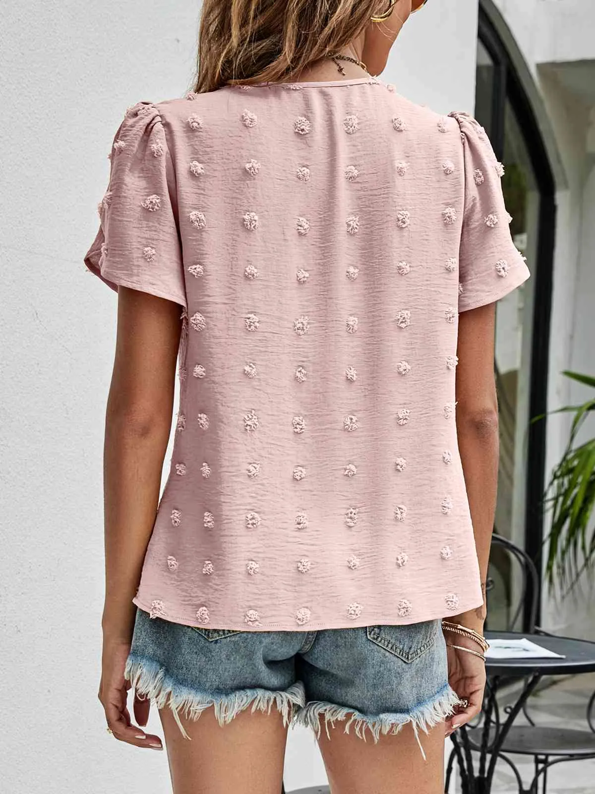 Swiss Dot Round Neck Petal Sleeve Top (10 Colors)