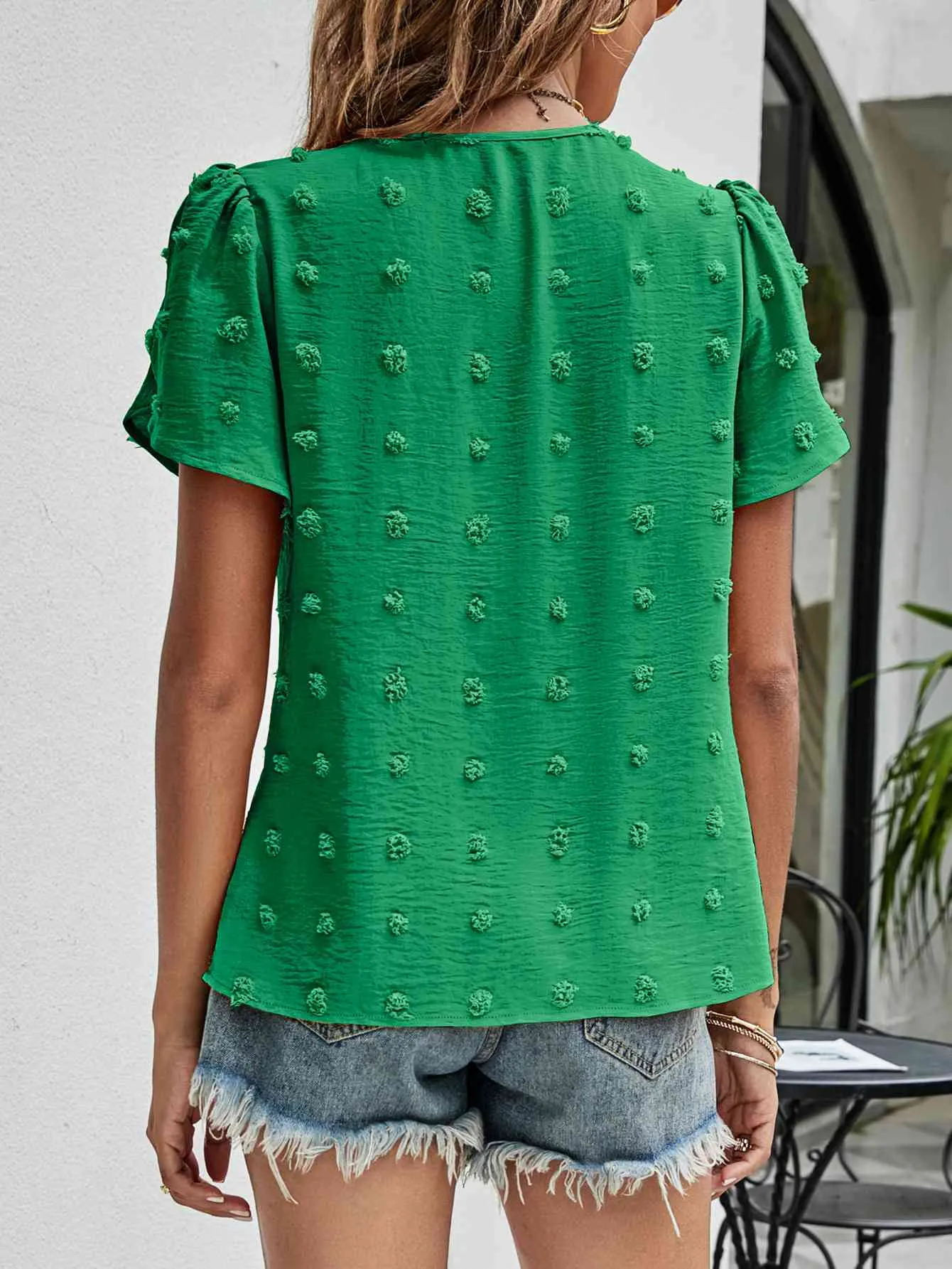 Swiss Dot Round Neck Petal Sleeve Top (10 Colors)