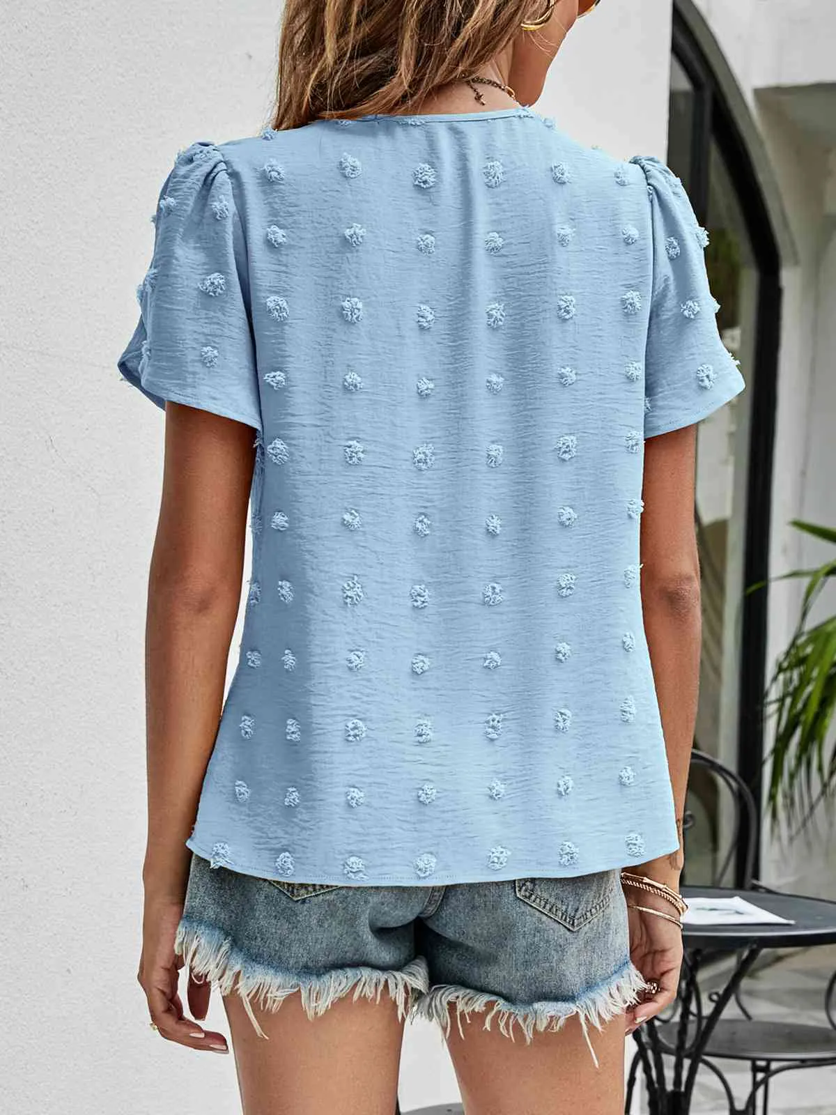 Swiss Dot Round Neck Petal Sleeve Top (10 Colors)